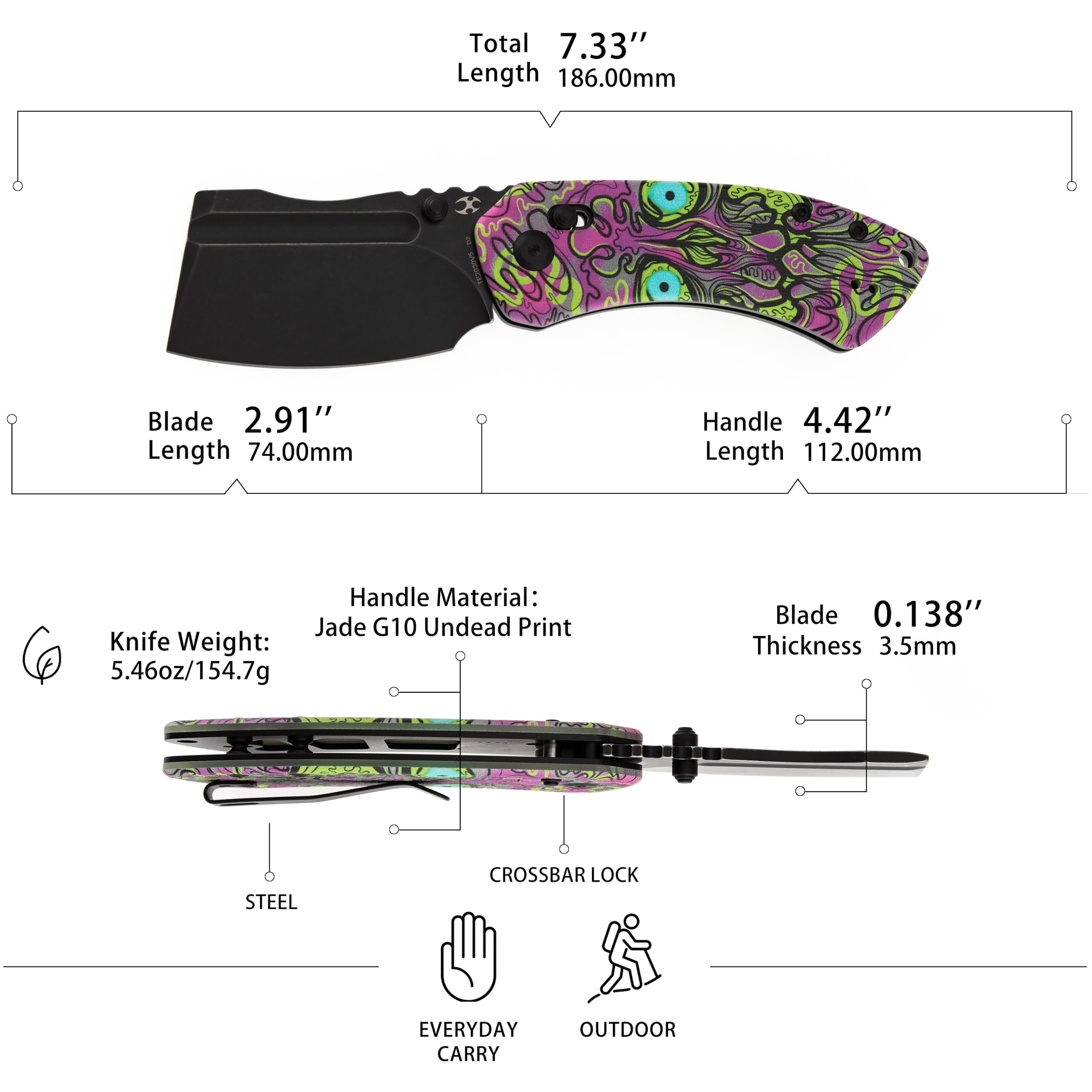 Kansept Korvid V Folding Pocket Knife 2.91" Blackwash D2 Blade,Jade G10 with Purple Graphic Pattern,TE2030V5