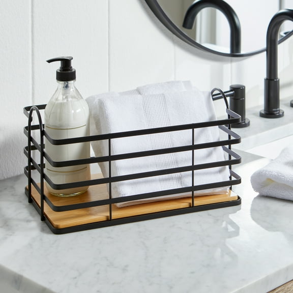 Better Homes & Gardens Matte Black Wire Storage Basket with Bamboo Bottom