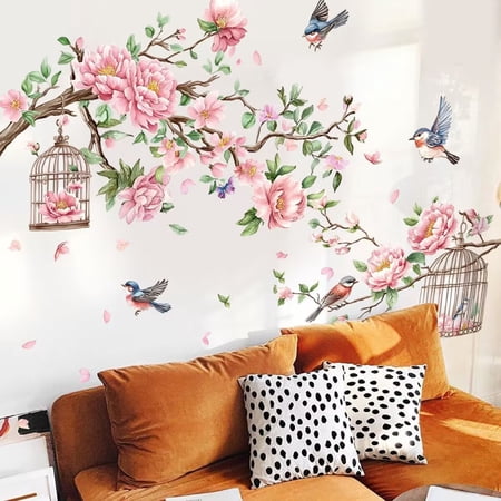 Branch flower stickers, peach blossom wall stickers, cage stickers and bird stickers, flower and bird decorative stickers Plant Wall Art Stickers for Living Room Bedroom Nursery Wall Decor