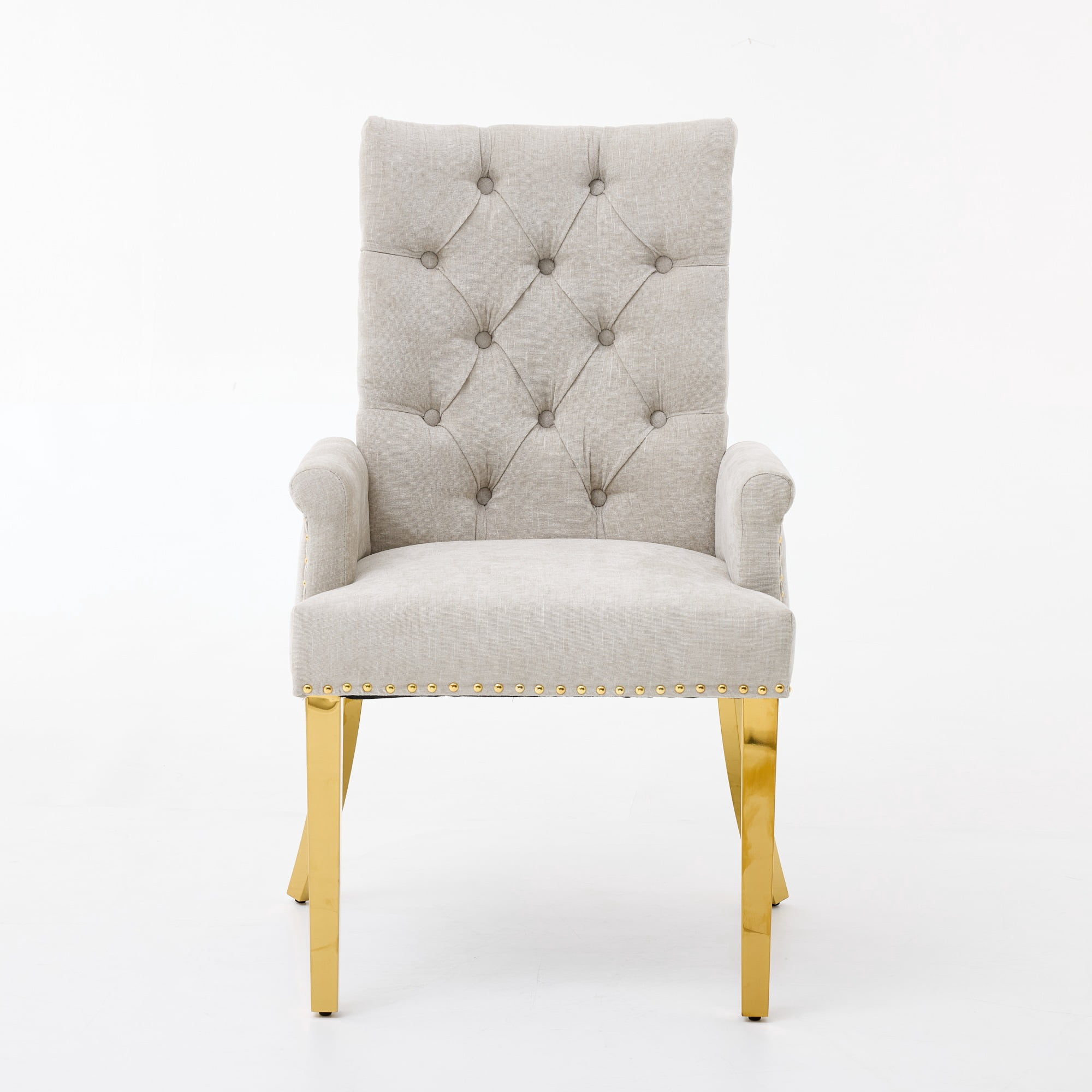 GARITIN Upholstered Dining Chair with Arms, Tufted Button High Back Accent Chair with Nailhead Trim and Stainless Steel Legs, Beige & Gold