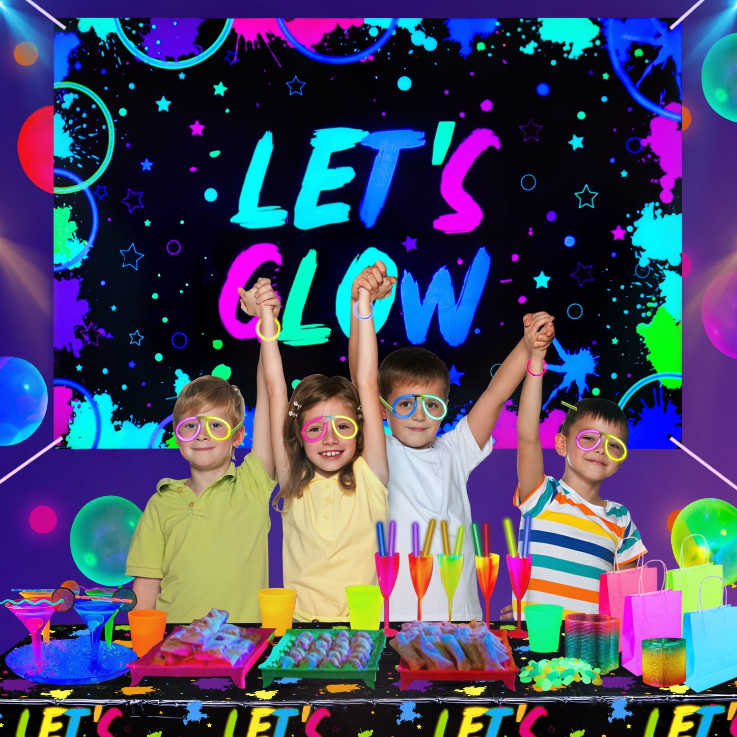 Let's Glow Splatter Photo Background, Glow Neon Party Backdrop, Blacklight  Disco Retro Dance Party Decoration Supplies Birthday Party Banner 