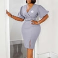 thumbnail image 2 of AURA Womens V Neck Pencil Midi Dress Lantern Short Sleeve High Waist Slit Elegant Work Office Summer Dress with Brooch, 2 of 5