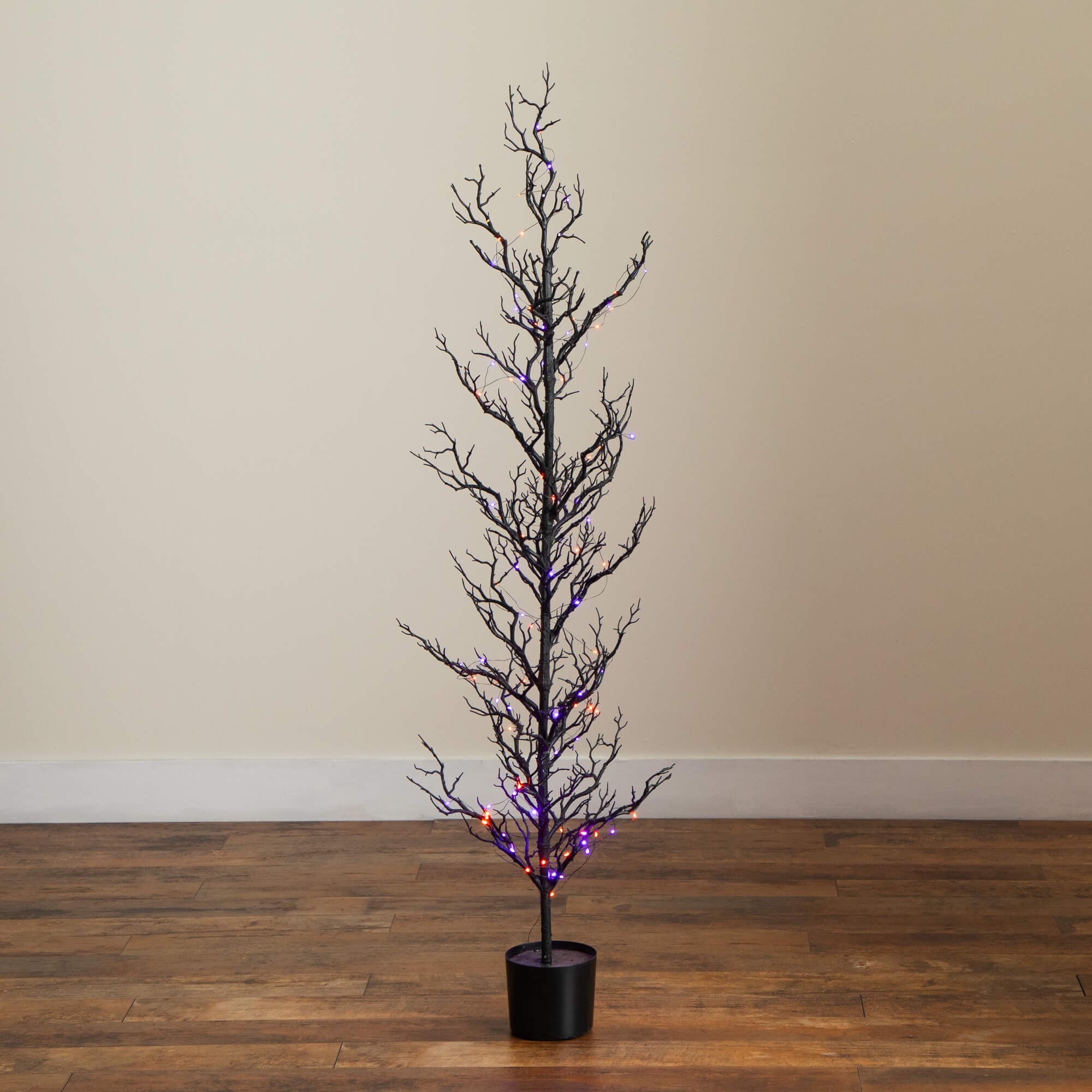 Nearly Natural 5ft. Pre-Lit Artificial Halloween Black Spooky Twig Tree with 200 Orange & Purple Copper Wire String LED Lights