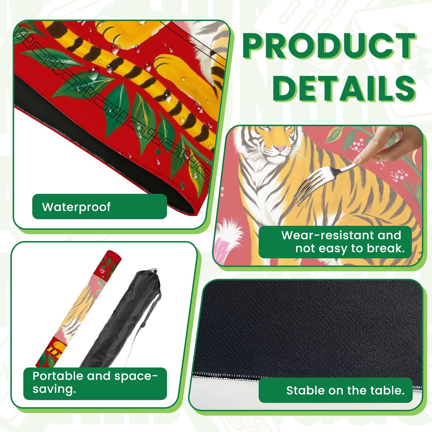 Mahjong Mat 31.5" x 31.5" Vibrant Tiger Green Flowers Leaves Red Non-Slip Noise Reduction American Mahjong Tiles Table Cover for Dominoes Poker Card Board Games Gift