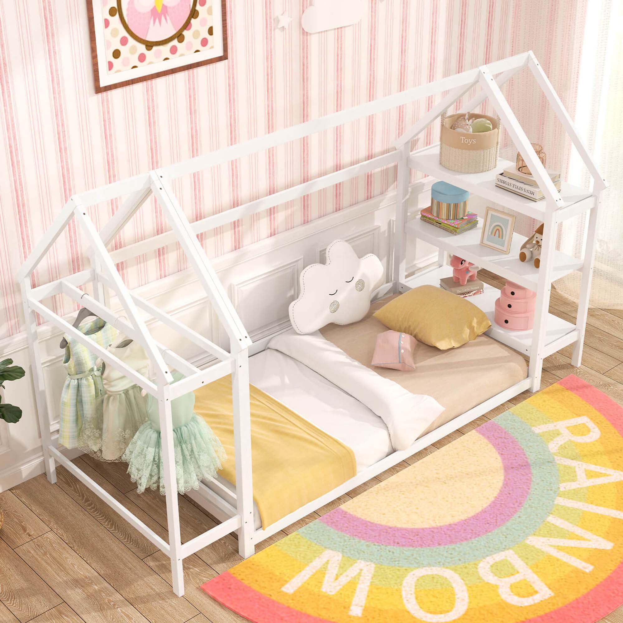 Costway Twin Size House Bed Montessori Floor Bed with Detachable Storage Shelves White