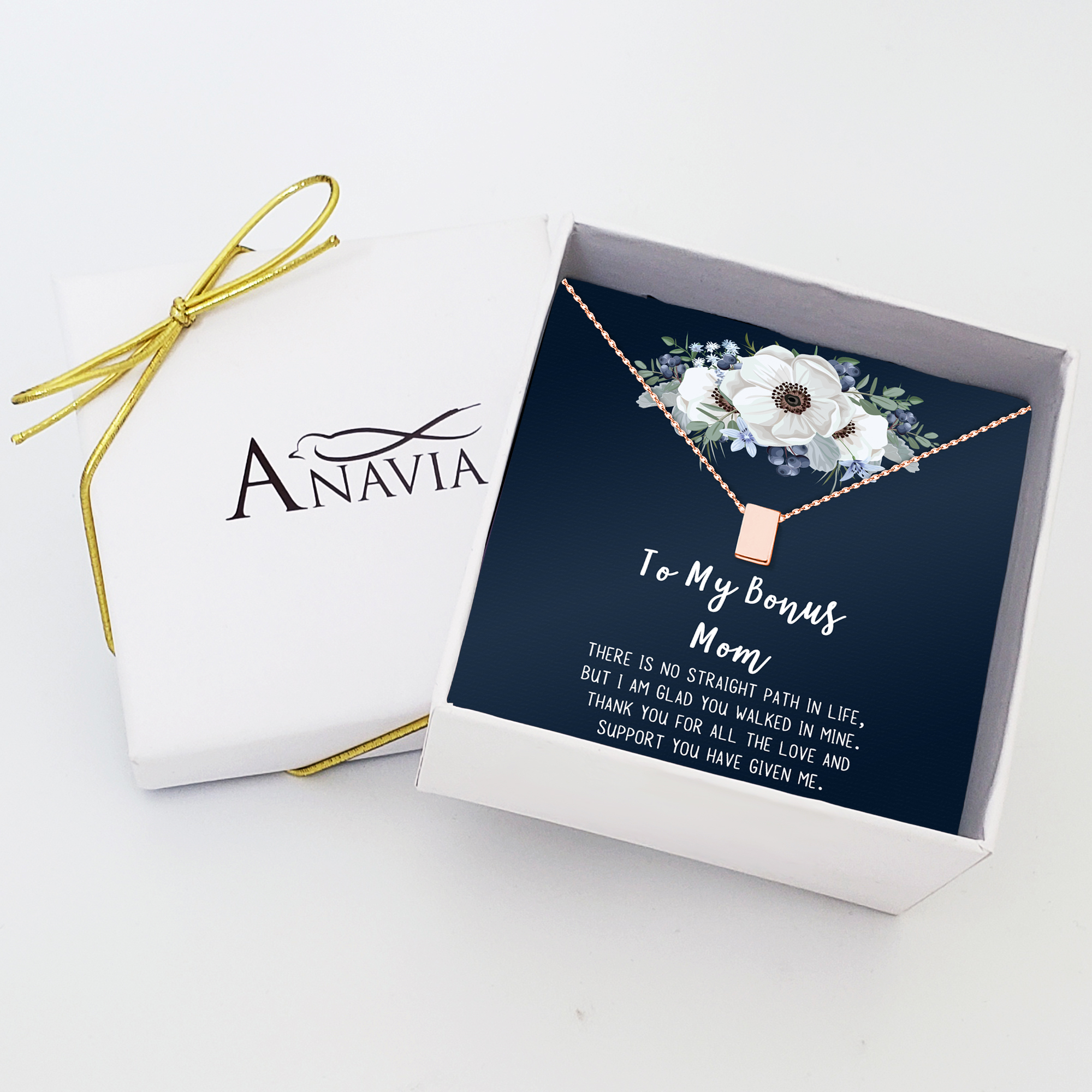 To My Bonus Mom Mother's Day Necklace, Bonus Mom Cube Necklace, Mother's Day Gift for Step Mom, Necklace and Card Gift for Step Mom [Rose Gold, No-Personalized Card]