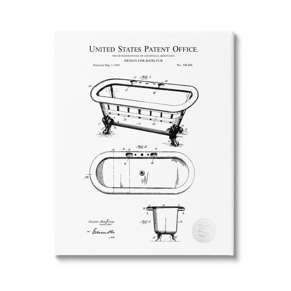 Stupell Industries Vintage Claw Tub Patent Graphic Art Gallery Wrapped Canvas Print Wall Art, Design by Karl Hronek