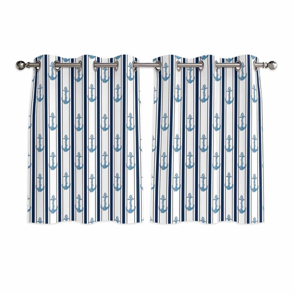 Navy Blue Anchor Nautical Kitchen Curtains Short 45 Inch Length, Coastal Ocean Summer Beach Grommet Top Bedroom Living Room Curtains, Light Filtering Cafe Curtain Drapes 2 Panels Set 84''x45''
