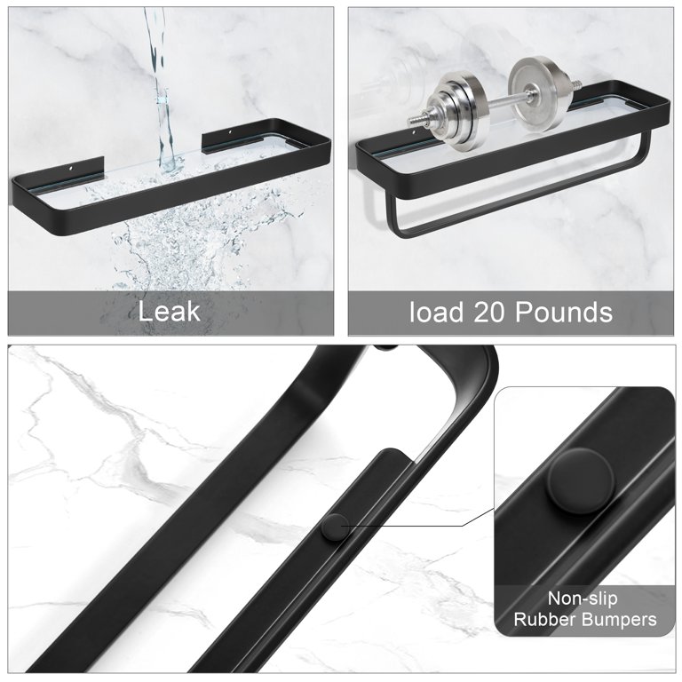 2 Pack Bathroom Shelves Adhesive Floating Extra Thick Tempered Glass Shelf  with Towel Holder Bar Black Shower Caddy Organizer Storage Rack Over Toilet