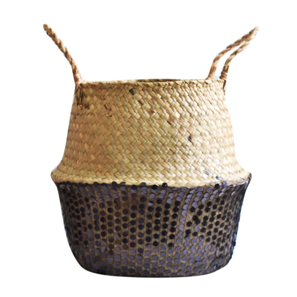 Basket Rattan Folding Wicker Handle Round Natural Sea Grass Plant Storage WoodBS 
