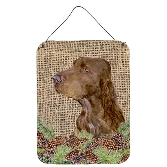 Field Spaniel on Faux Burlap with Pine Cones Wall or Door Hanging Prints