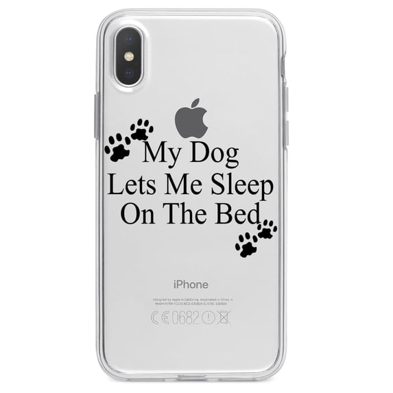 DistinctInk Clear Shockproof Hybrid Case for iPhone XS Max (6.5" Screen) - TPU Bumper Acrylic Back Tempered Glass Screen Protector - My Dog Lets Me Sleep On The Bed