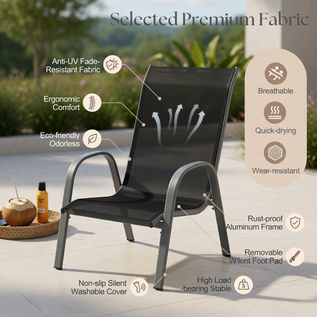 Hommoo 2-Pack Stackable Outdoor Dining Chairs with Armrests, Fabric, Steel Frame, Ergonomic Design for Patio, Deck or Balcony, Black