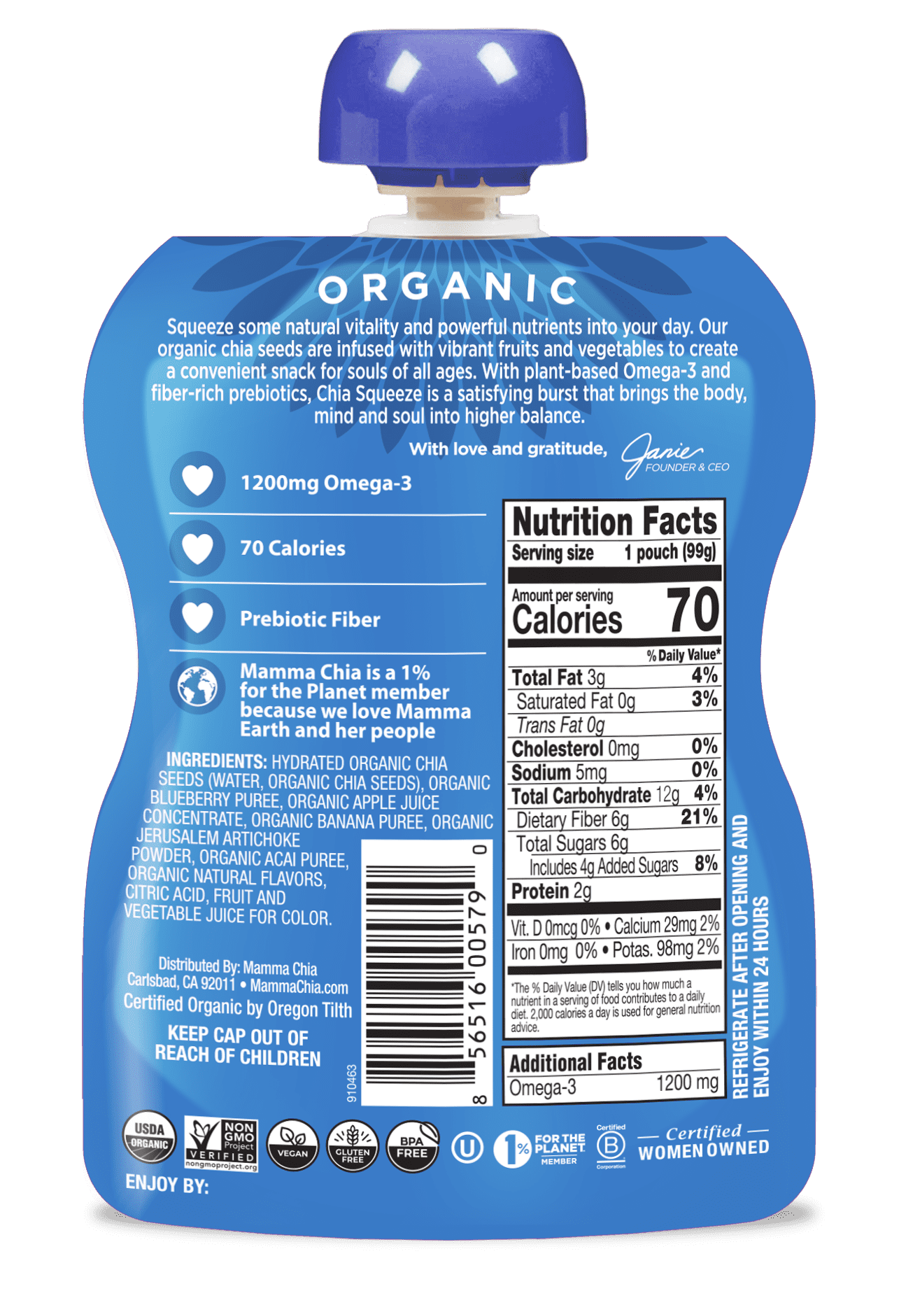 Mamma Chia Organic, Blueberry Acai Chia Prebiotic Squeeze, 3.5 oz, 24 Count Pouches 6 Boxes of 4