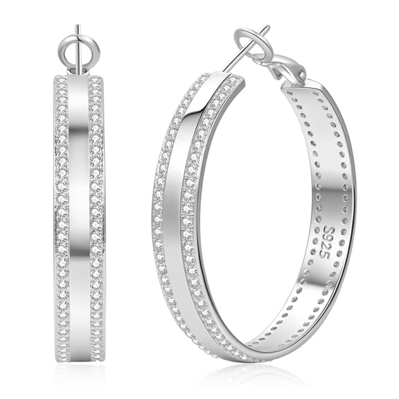 YOUNGYUE Sterling Silver Hoop Earrings for Women, Hypoallergenic Thick Silver Hoops, Cubic Zirconia, 30mm