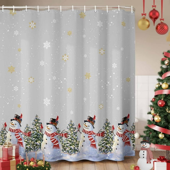Grey Christmas Snowman Shower Curtain, Winter Xmas Tree Snowflakes Waterproof Fabric Shower Curtains with 12 Hooks, Bathroom Curtain Set for Bathroom Accessories Decor, 60 x 72 Inches