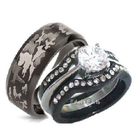 His Hers Women's Men's 4 Piece Black Stainless Steel Wedding Ring Set and Men's Camouflage Band