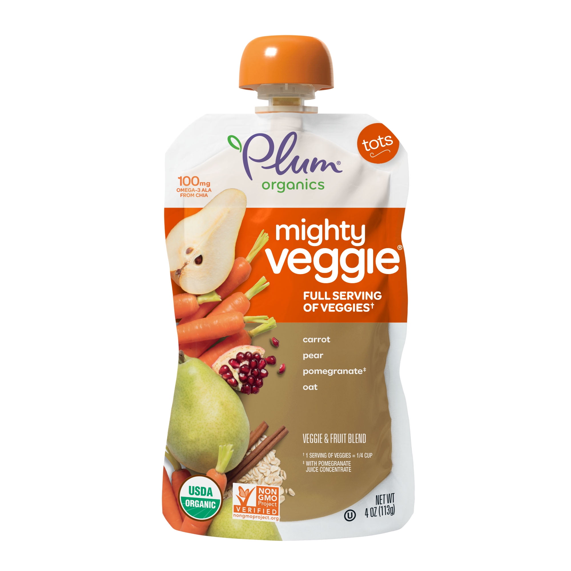 Plum Organics Mighty Veggie Toddler Baby Food, Carrot Pear Pomegranate Oat, 4 oz Pouch