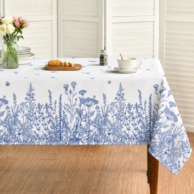 Spring Summer Tablecloth 60×104 Inch Rectangular, Wild Flowers Floral Blue Washable Seasonal Table Cover for Party Picnic Dinner Decor