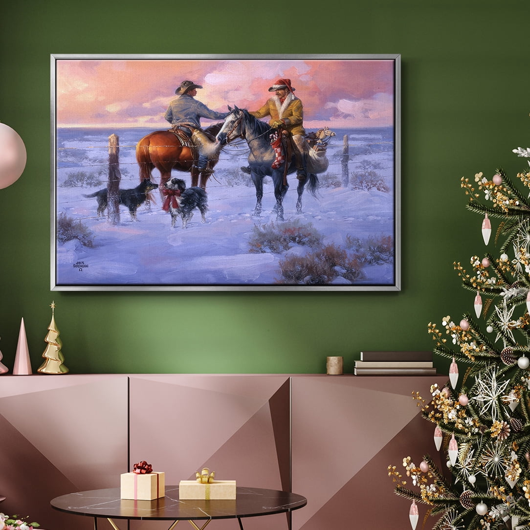 Sharin' Christmas with the Neighbors - Framed Gallery Wrapped Holiday Canvas - 27 x 41 - Silver Frame