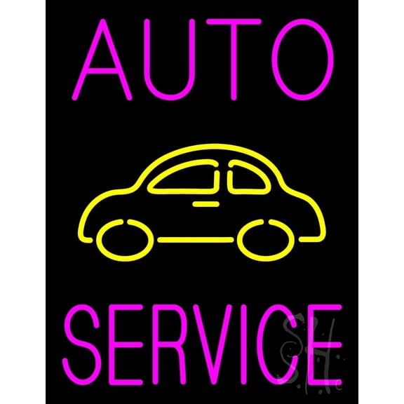 Pink Auto Service Yellow Logo LED Neon Sign 19 x 15 - inches, Clear Edge Cut Acrylic Backing, with Dimmer - Bright and Premium built indoor LED Neon Sign for automotive store, and mall.