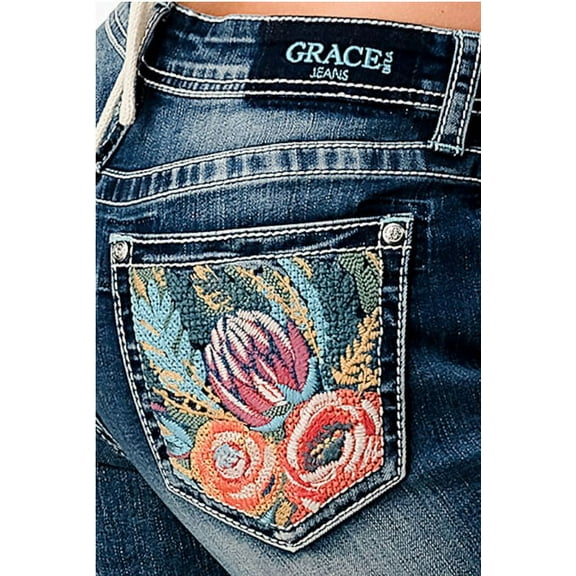 Grace in LA Women's Multicolor Floral Embroidered Raw Hem Bootcut Stretch Jeans (25, Blue)