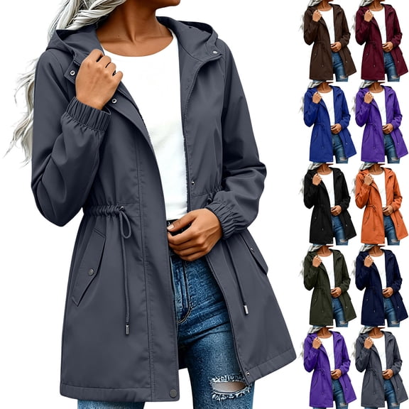 BiZtdJrK Rain Jackets for Women Lightweight Hooded Waterproof Rain Coats with Pockets Outdoor Long Sleeve Windbreaker Blue L
