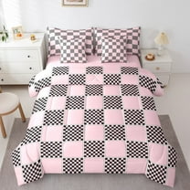 jejeloiu Geometric Plaid Grid Bedding Comforter Set 7 Pieces,Modern Geometric Checkered Full Bedding Set,Pink Black Checkerboard Fitted Sheet Flat Sheet For Child,Microfiber Bedroom Decor Reversible