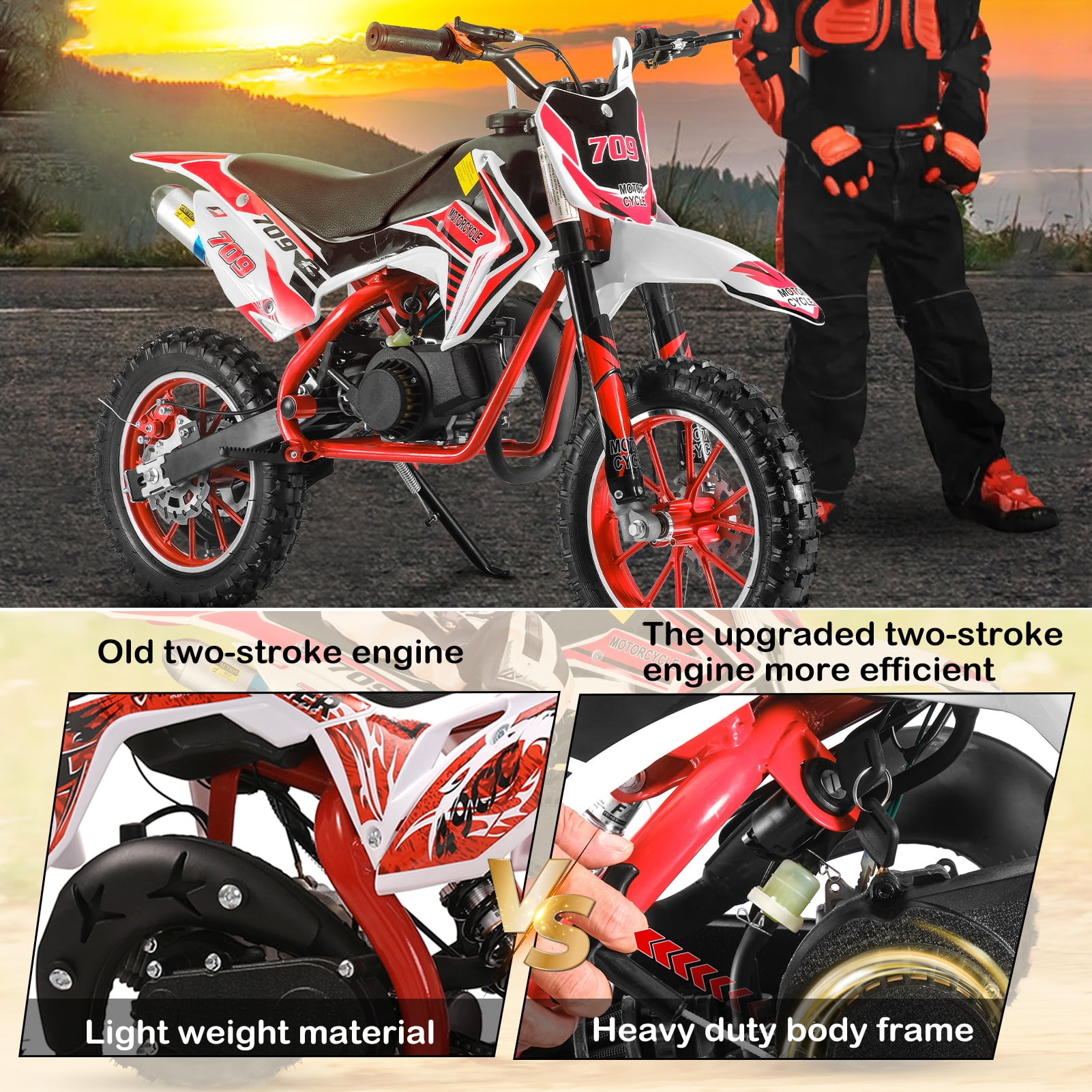 Meoldis 49cc Kids Dirt Bike - 2-Stroke Gas Powered Mini Motorcycle for Boys & Girls 8-14 Years, Off-Road Motocross Bike with Dual Disc Brakes & 10" Tires (Max 30KM/H, 150kg Capacity)