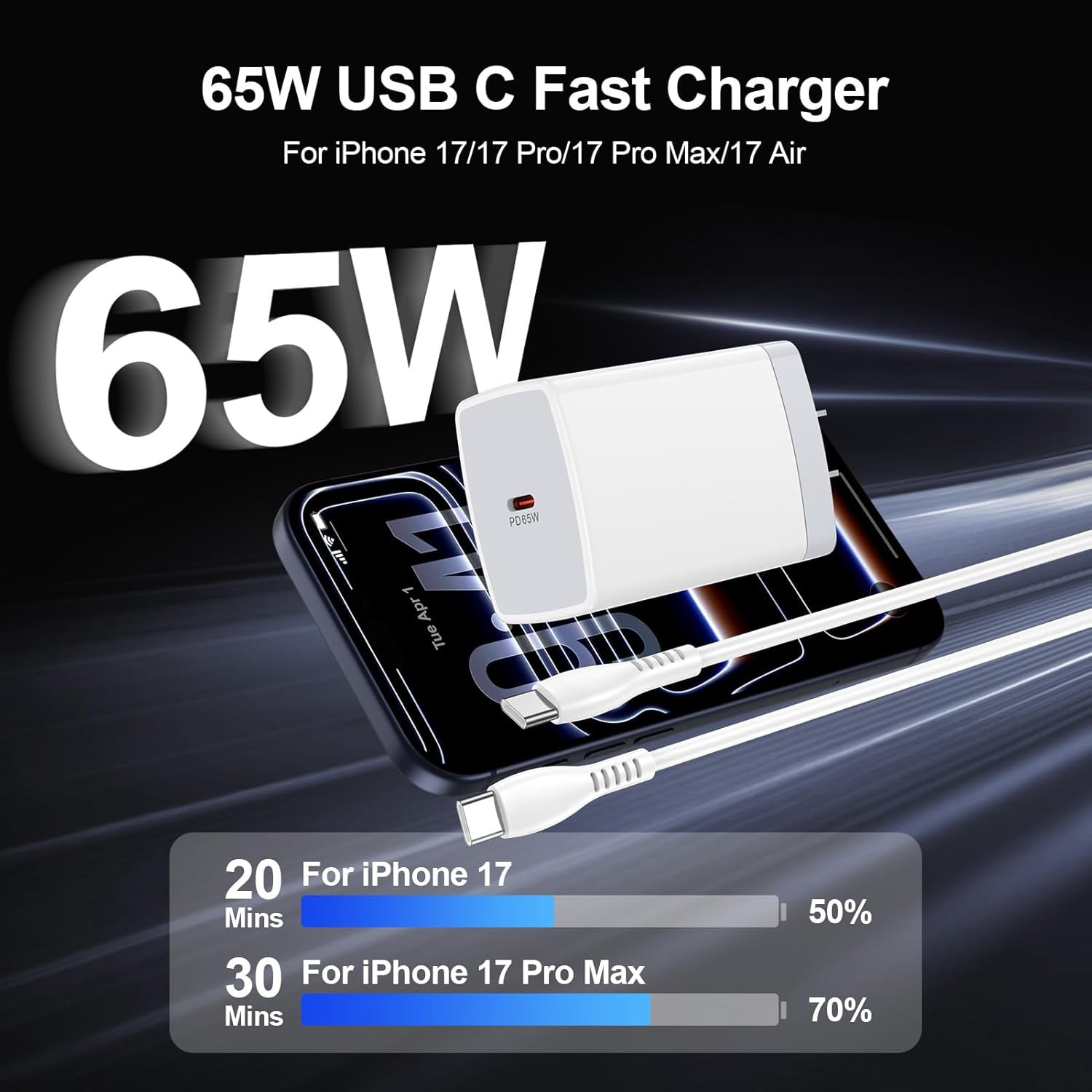 RGHJAR-65W Super Fast Charger Type C Fast Charging Block for Samsung Galaxy S26 Ultra/S26/S26 Plus/S25 FE Edge/S24/Z Flip 7/A36/A17/A16,PD 3.0 USB C Cube Box Plug Adapter with 6FT Android Type C Cabl