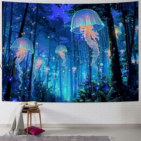 Fenyluxe  Forest Jellyfish Tapestry Nature Tree Tapestry Trippy Fantasy Starry Sky Tapestry Aesthetic Wall Tapestry Hippie Jungle Plants Tapestry Wall Hanging for Bedroom 40x30inch
