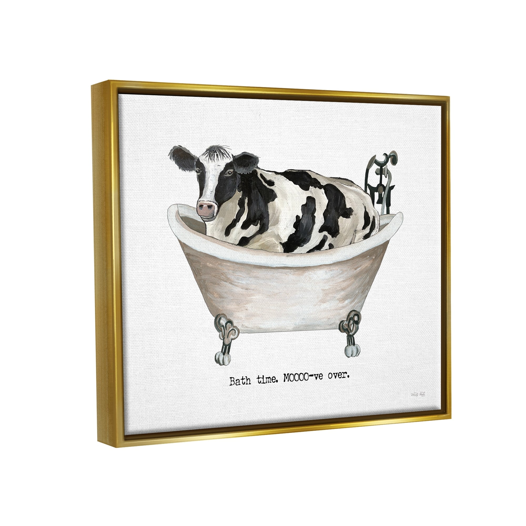 Stupell Industries Moo-ve Over Bath Time Cow Farmhouse Bathroom Sign Graphic Art Metallic Gold Floating Framed Canvas Print Wall Art, Design by Cindy Jacobs