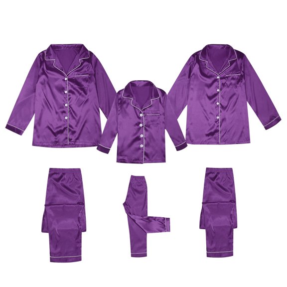 Fgnfyis Soft Long Sleeve Satin Silk Button Down Pajamas Set Solid 2 Piece Christmas Pajamas Family Sleepwear Loungewear Nightwear for Kids Purple 3-4 Years