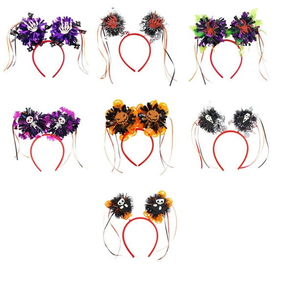 Halloween Headband 7pc Pumpkin Skull Pom Pom Headband with Pumpkin Bat Ribbon Design Head Hair Glitter Tassel Halloween Party Costume for Unisex