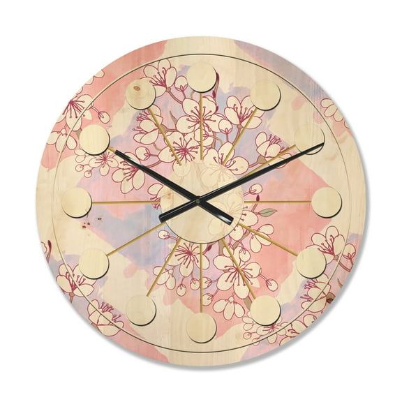 Designart 'Pink Flower Retro Pattern I' Mid-Century Modern Wood Wall Clock