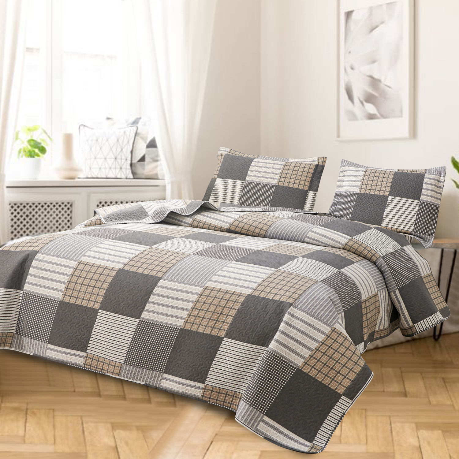 Kebury Plaid Bedding Quilt Set Queen Size Microfiber Ultra Soft Bedspread Ligthtweight Brown Coffee Quilt Coverlet Collection for Bedroom (1 Quilt, 2 Pillow Shams)