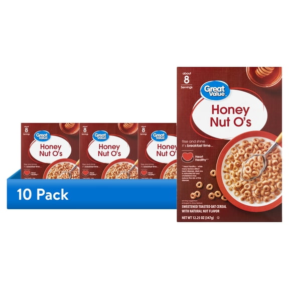 (10 pack) Great Value Honey Nut O's Oat Breakfast Cereal, 12.25 oz, 1 Count