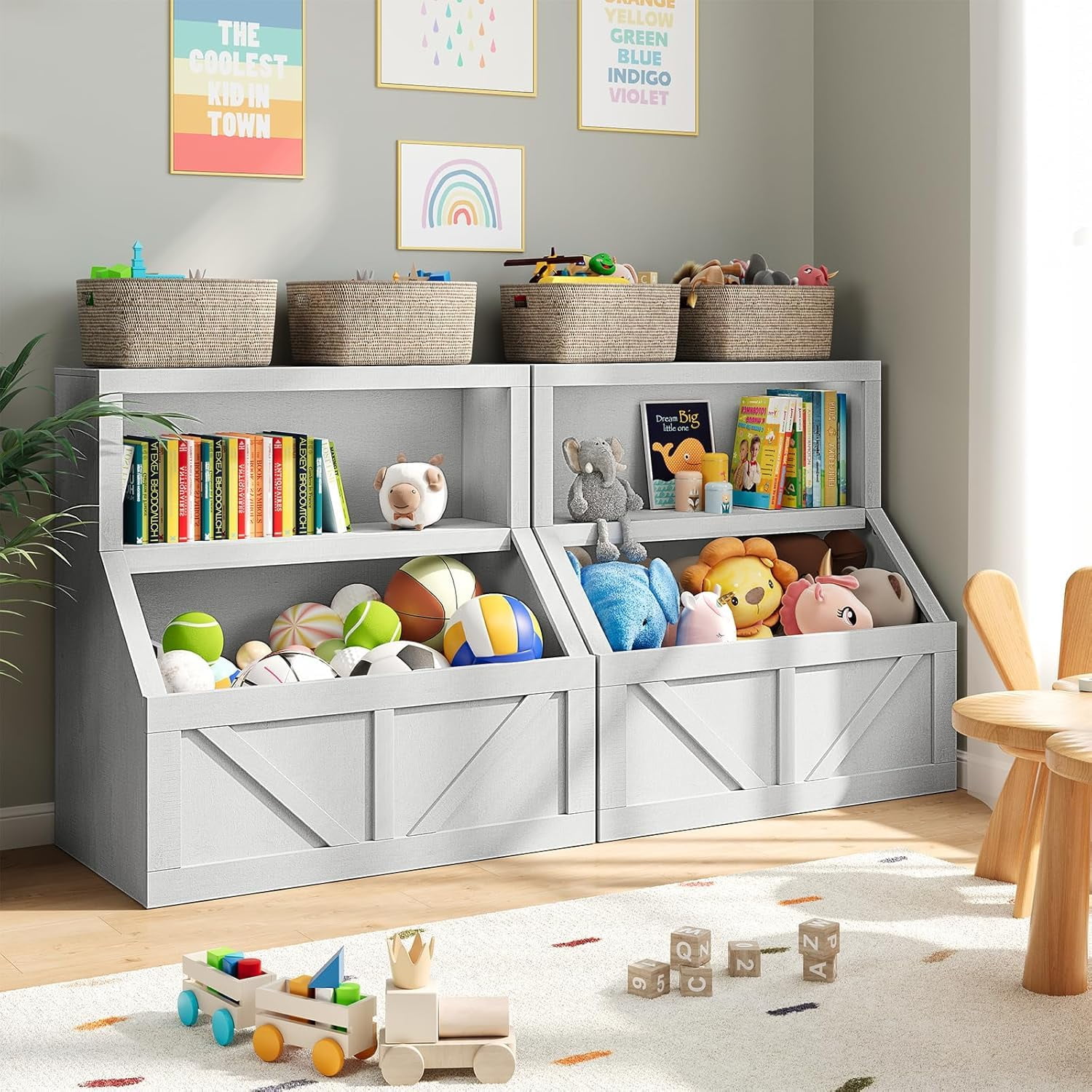 Kids Bookshelf, Wooden Toy Storage Organizer with Cubby, Toddler Bookcases Fit for Playroom, Children's Room, Bedroom, Nursery School