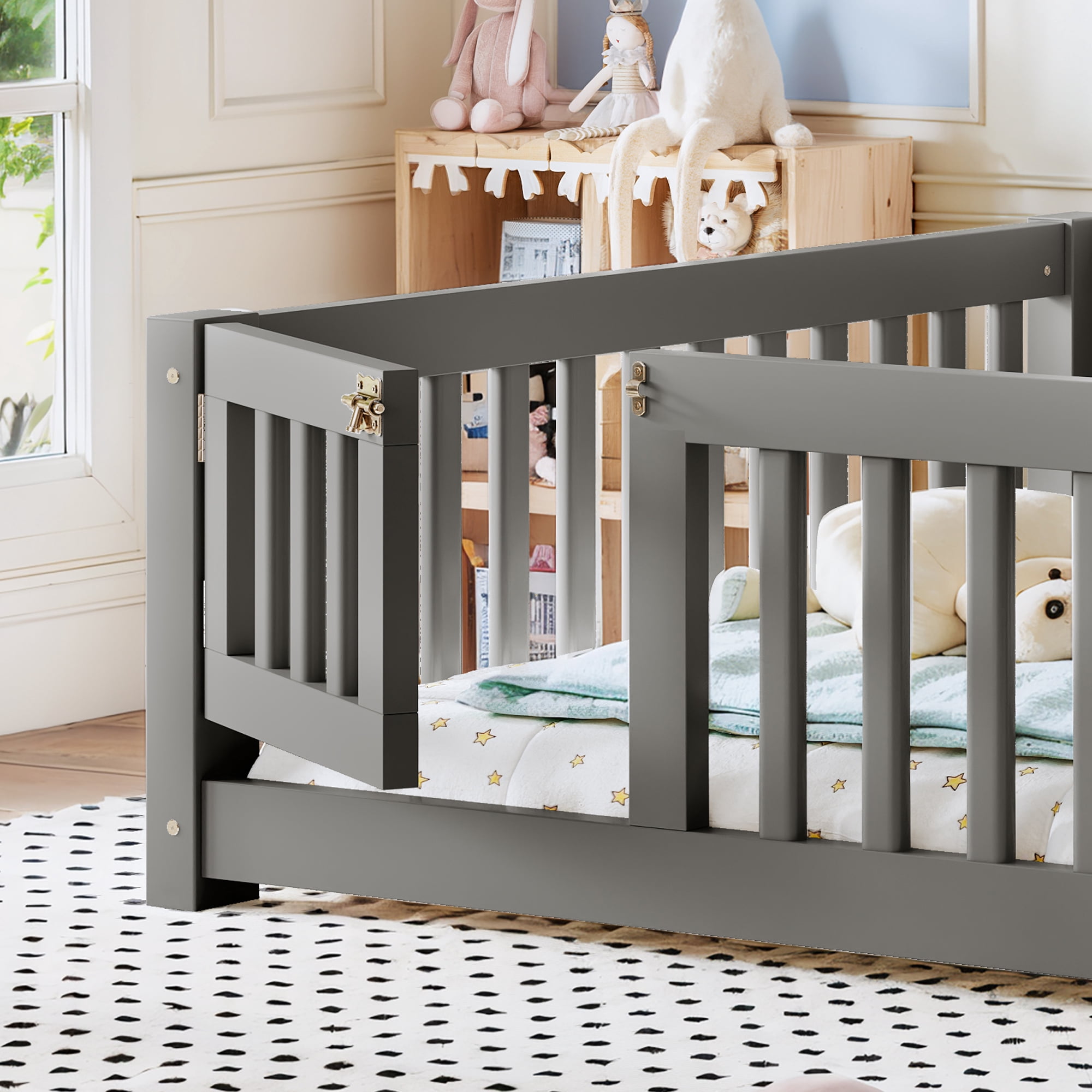 Full Size Kids Floor Bed with Safety Guardrails & Removable Door, Solid Pine Wood Montessori Bed, Gray