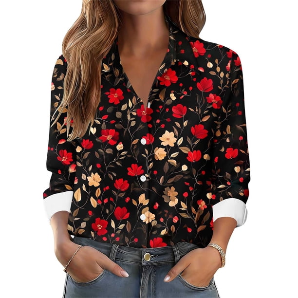 TaTaai Women's Floral Print Blouse Long Sleeve Button Down Shirt Soft Cotton Relaxed Fit Lapel Collar Tunic Top for Casual Outfit Gift