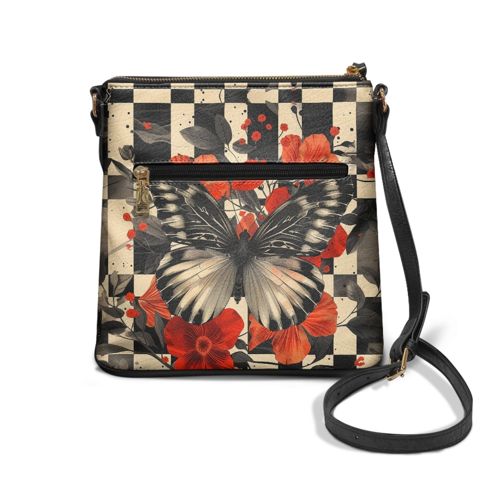 LedBack Butterfly Chckered Print Leather Crossbody Purse for Women Satchel Handbag Purse with Zipper Pocket, Portable Shoulder Bag Messenger Bag with Adjustable Strap, Black