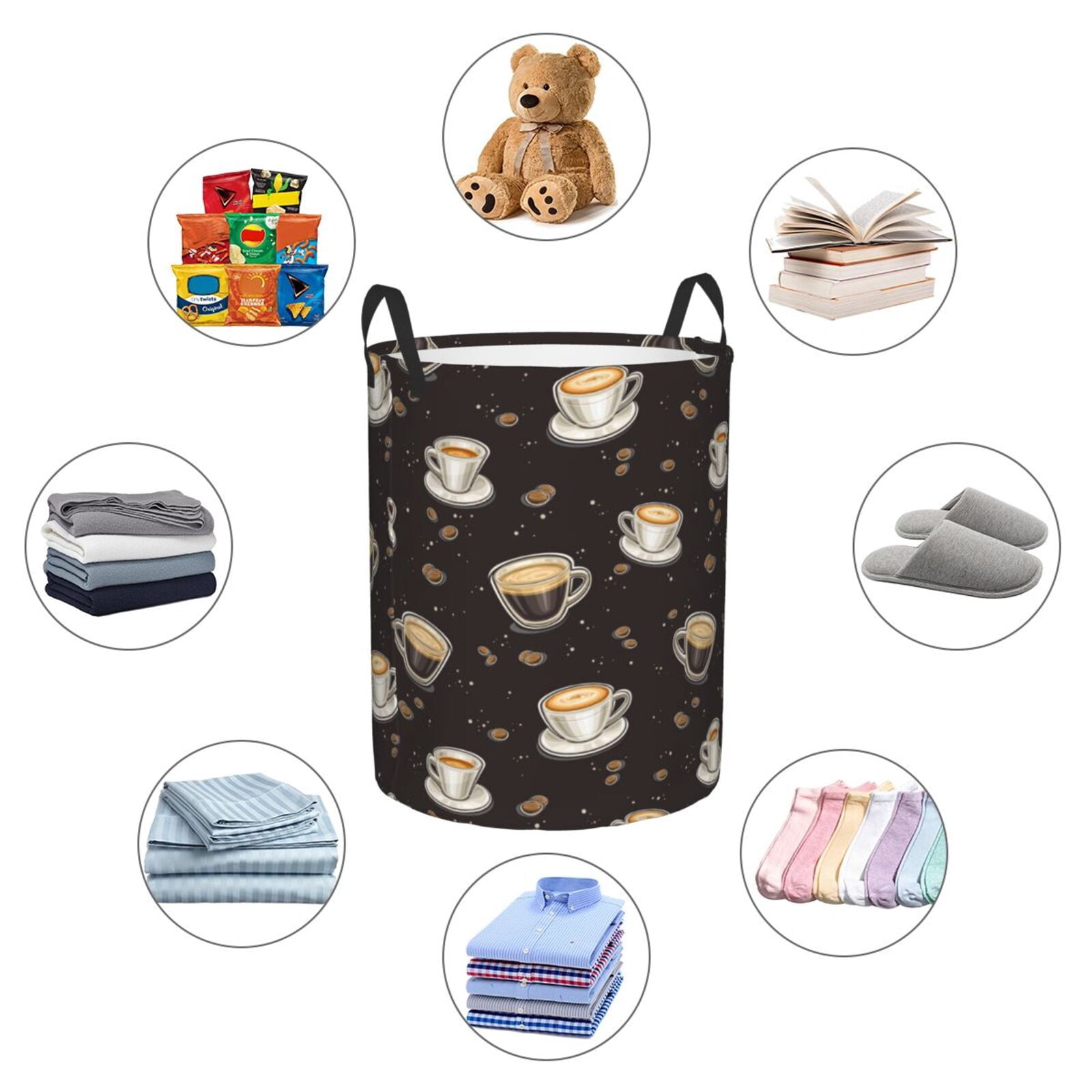 Large Laundry Basket with Handles - Black White Mug Coffee Print Kids Baby Dirty Clothes Laundry Hamper for Bedroom Aesthetic