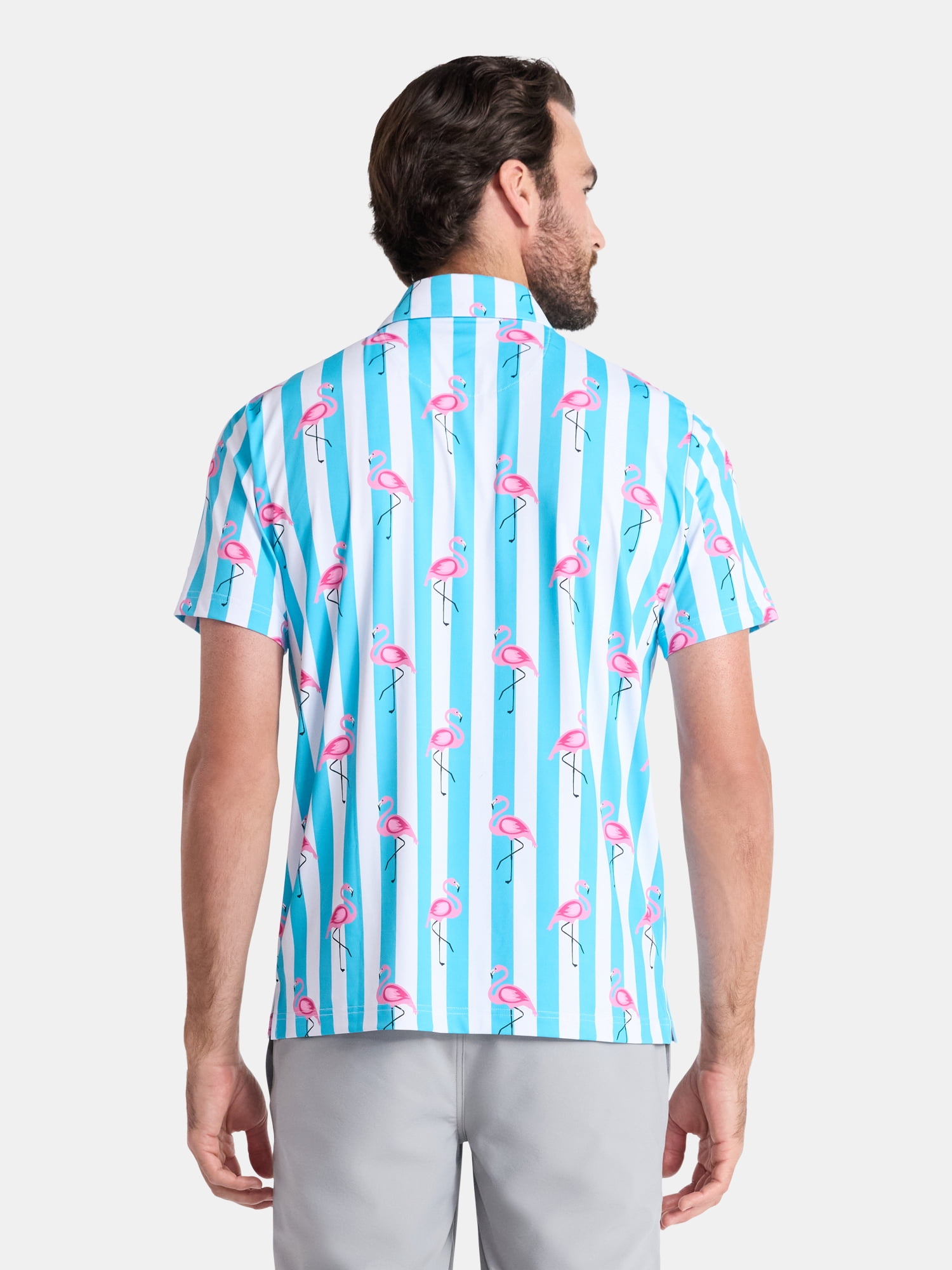 Birdie Bound Men's and Big Men's Flamingo and Stripes Polo Golf Shirt, Sizes S-5XL