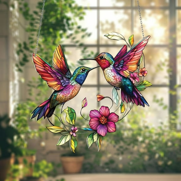 Hummingbird Duo Window Hanging Acrylic Flat 2D, Stained Glass Style with Floral Design, Unique Nature-Themed Home Decoration, Perfect Gift for Bird and Art Lovers
