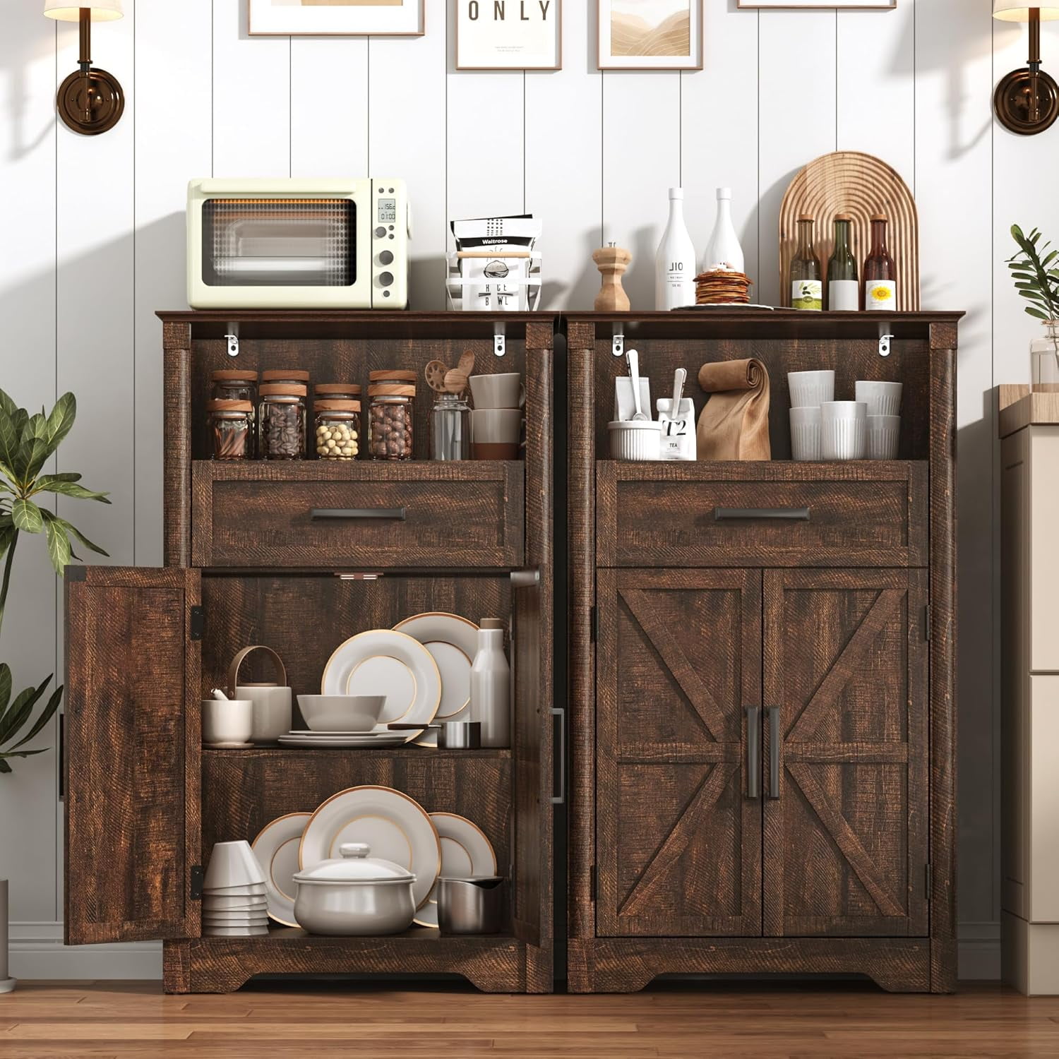 Farmhouse Floor Storage Cabinet with Drawers & 2 Barn Doors, Wood Bathroom Storage Cabinet with Roman Column Decor, Farmhouse Storage Cabinets with Adjustable Shelf & Door Cabinets, Rustic Brown