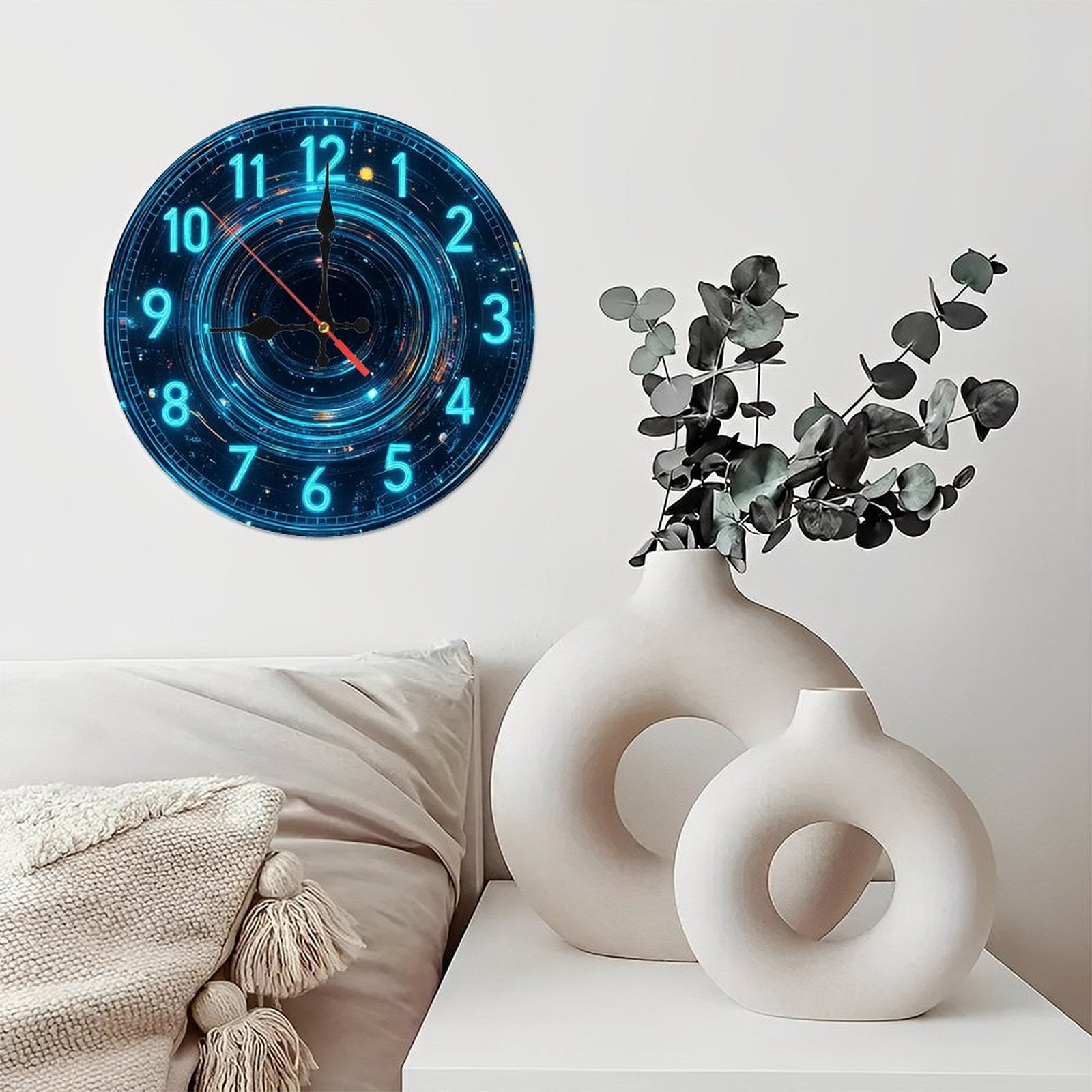 Neon Clock Wall Art Blue Digital Circular 10-Inch Silent Wooden Wall Clock, Battery Operated (AA Batteries Not Included), Artistic Home Decor