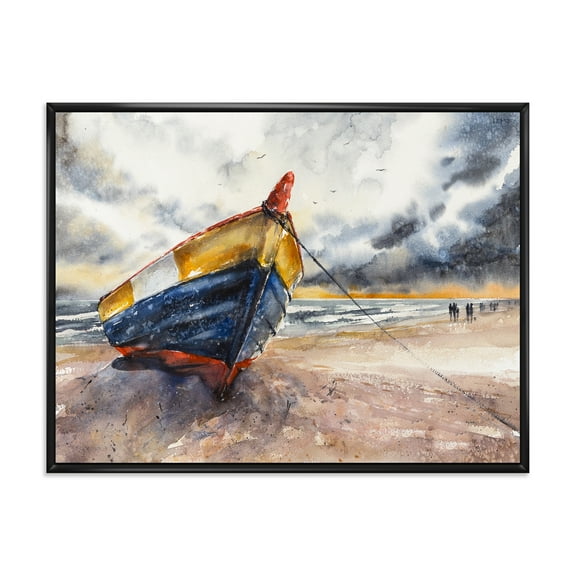 Designart 'Wooden Boat On The Baltic Shores At Evening Glow' Nautical & Coastal Framed Canvas Wall Art Print