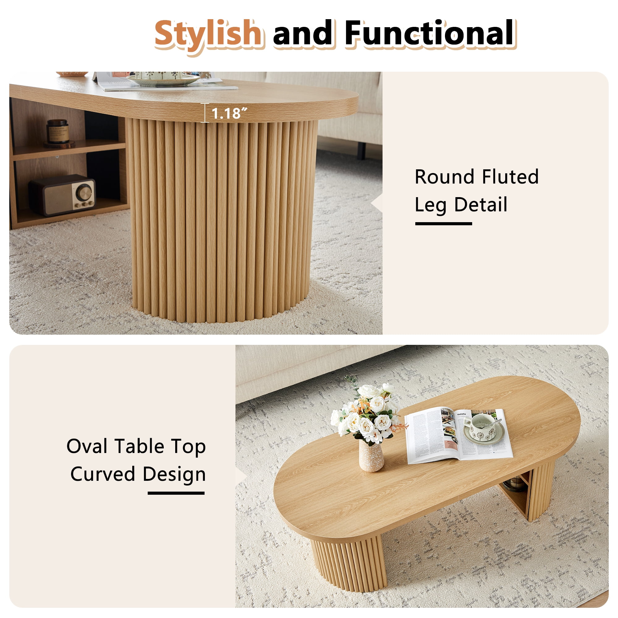 Wirrytor Mid-Century Oval Fluted Coffee Table with Hidden Storage, 47" Wood Center Table for Living Room, Natural