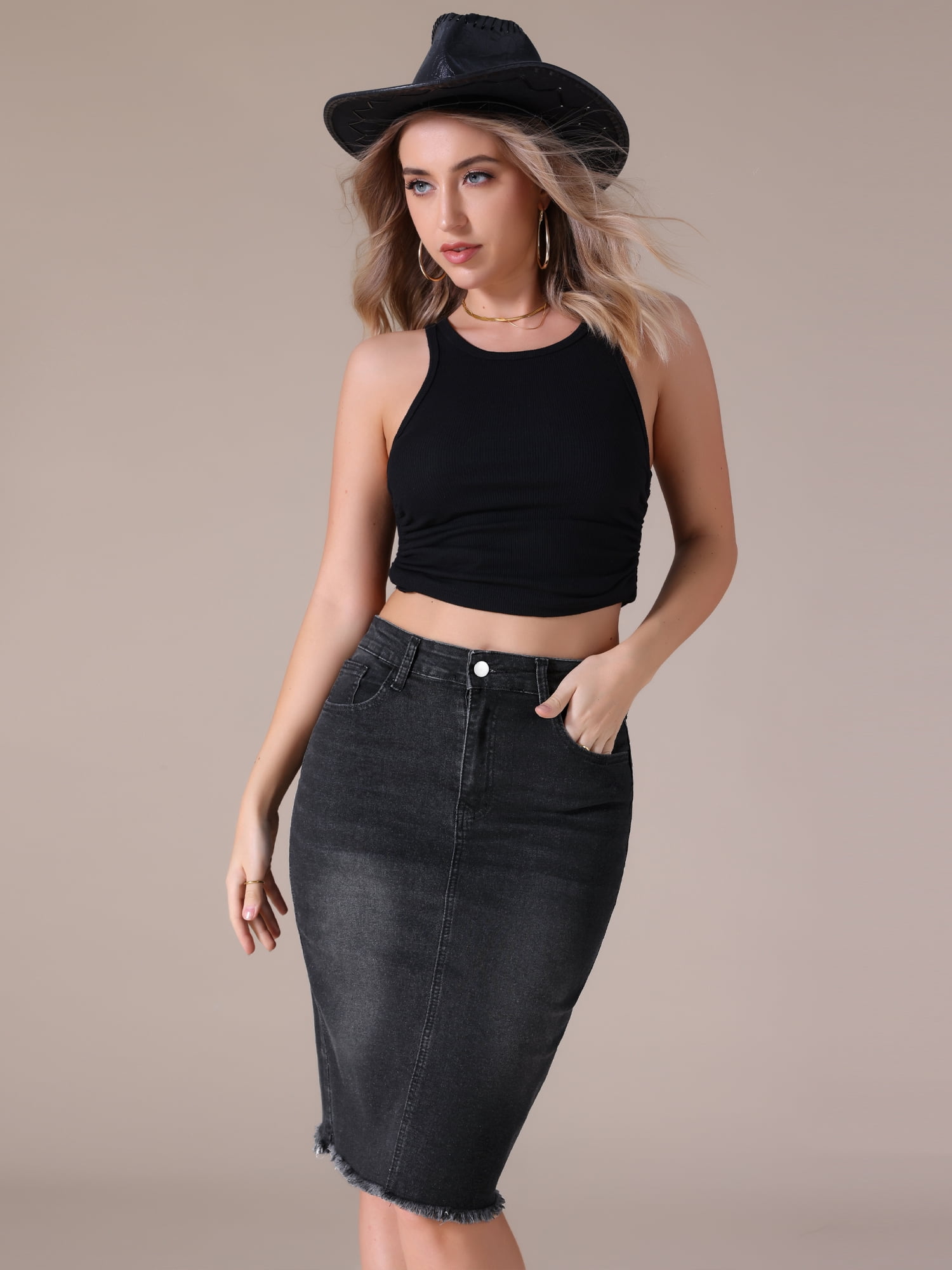 DARING DIVA Women's Denim Raw Hem Pockets Pencil Skirt S Black