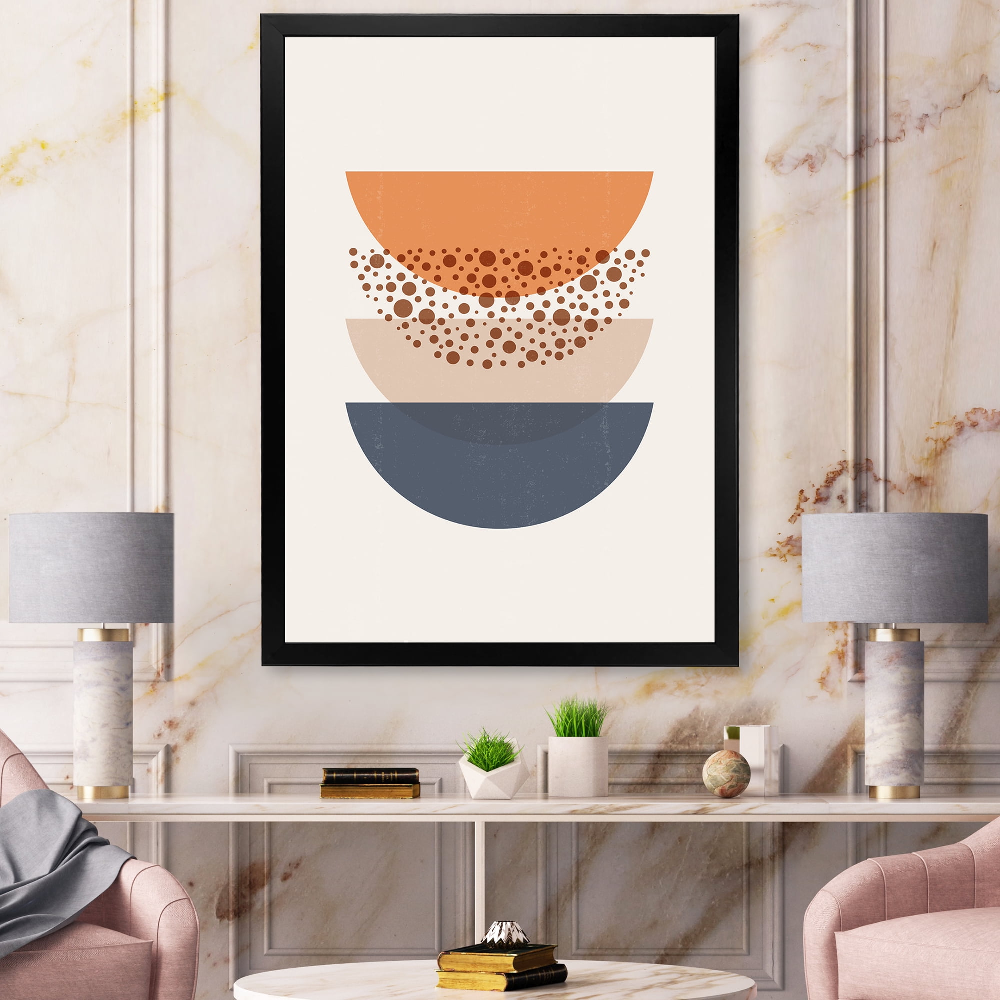 Designart 'Abstract Moon and Sun Geometrics In Blue & Orange' Modern Framed Art Print